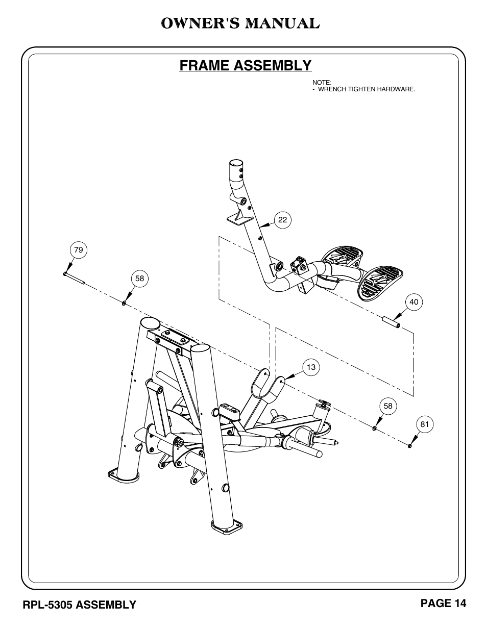 Frame assembly, Owner's manual, Page 14 | Rpl-5305 assembly | Hoist Fitness RPL-5305 User Manual | Page 20 / 51