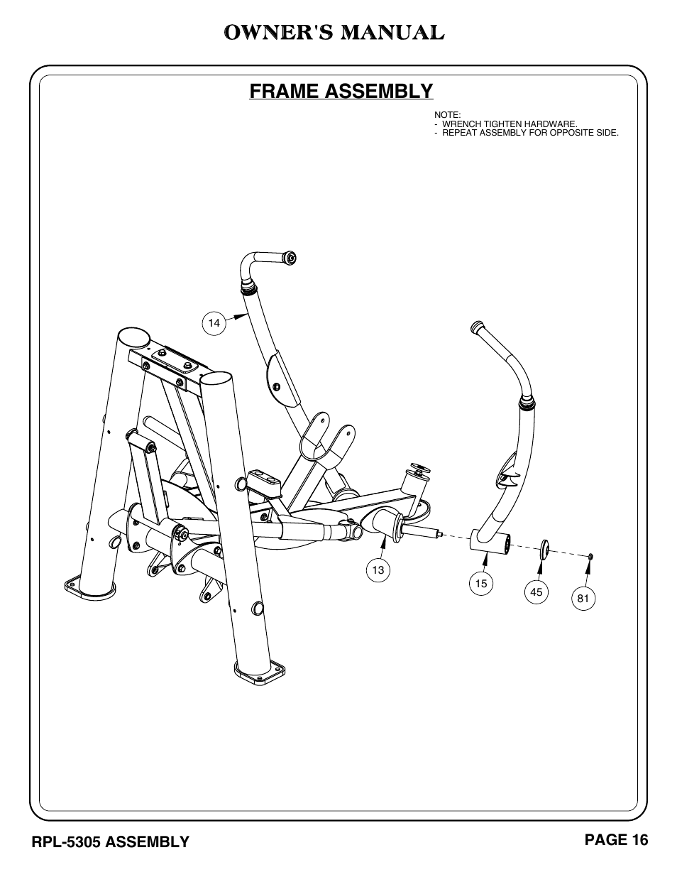 Owner's manual, Frame assembly | Hoist Fitness RPL-5305 User Manual | Page 22 / 51