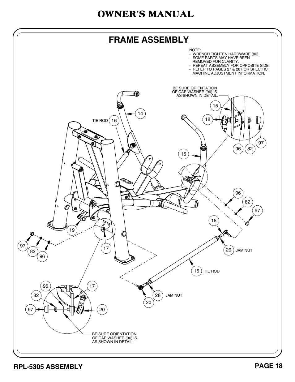 Frame assembly, Owner's manual, Rpl-5305 assembly | Page 18 | Hoist Fitness RPL-5305 User Manual | Page 24 / 51