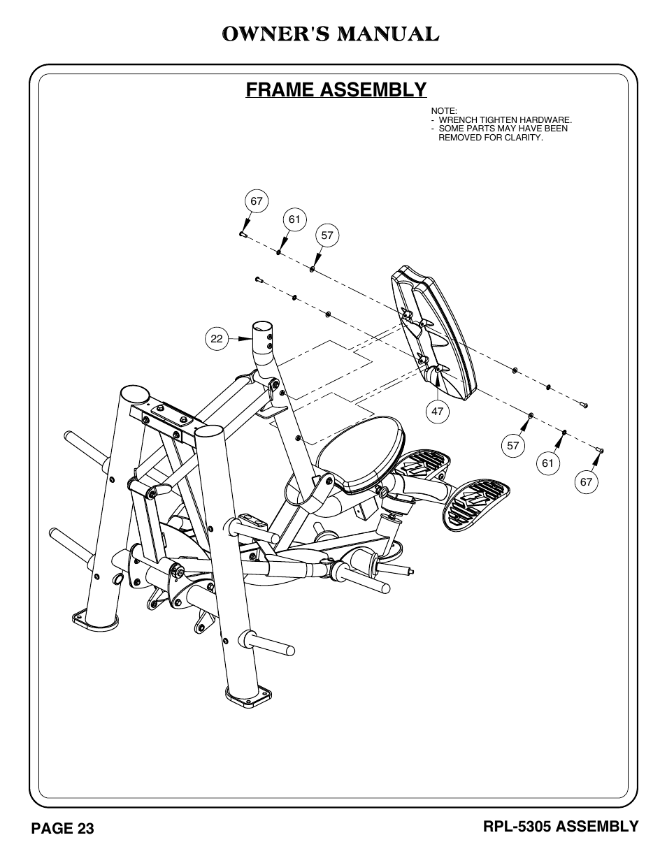 Frame assembly, Owner's manual, Page 23 | Rpl-5305 assembly | Hoist Fitness RPL-5305 User Manual | Page 29 / 51