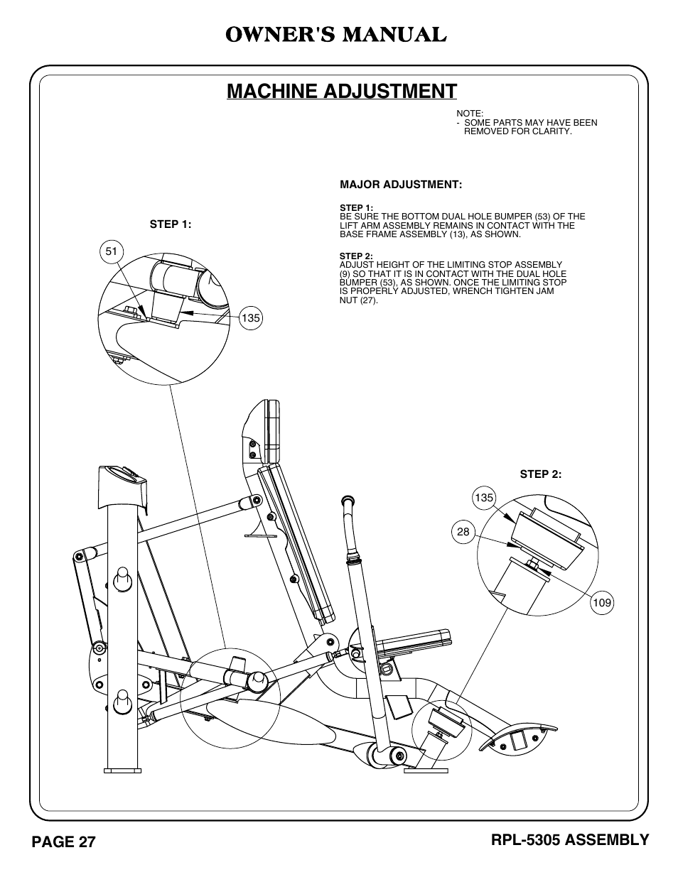 Machine adjustment, Owner's manual | Hoist Fitness RPL-5305 User Manual | Page 3 / 51