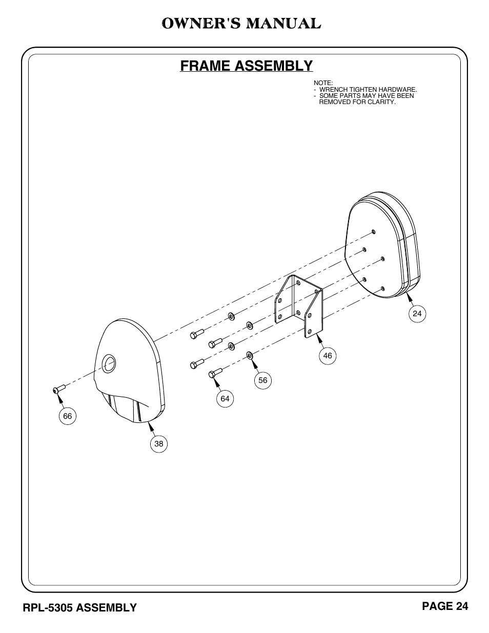 Frame assembly, Owner's manual, Page 24 | Rpl-5305 assembly | Hoist Fitness RPL-5305 User Manual | Page 30 / 51