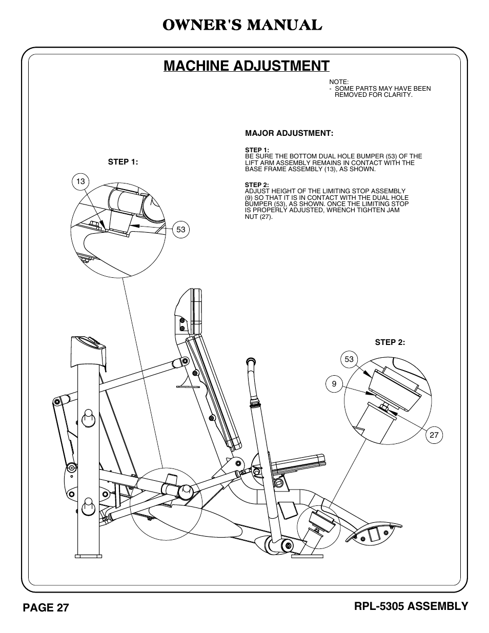 Machine adjustment, Owner's manual | Hoist Fitness RPL-5305 User Manual | Page 33 / 51