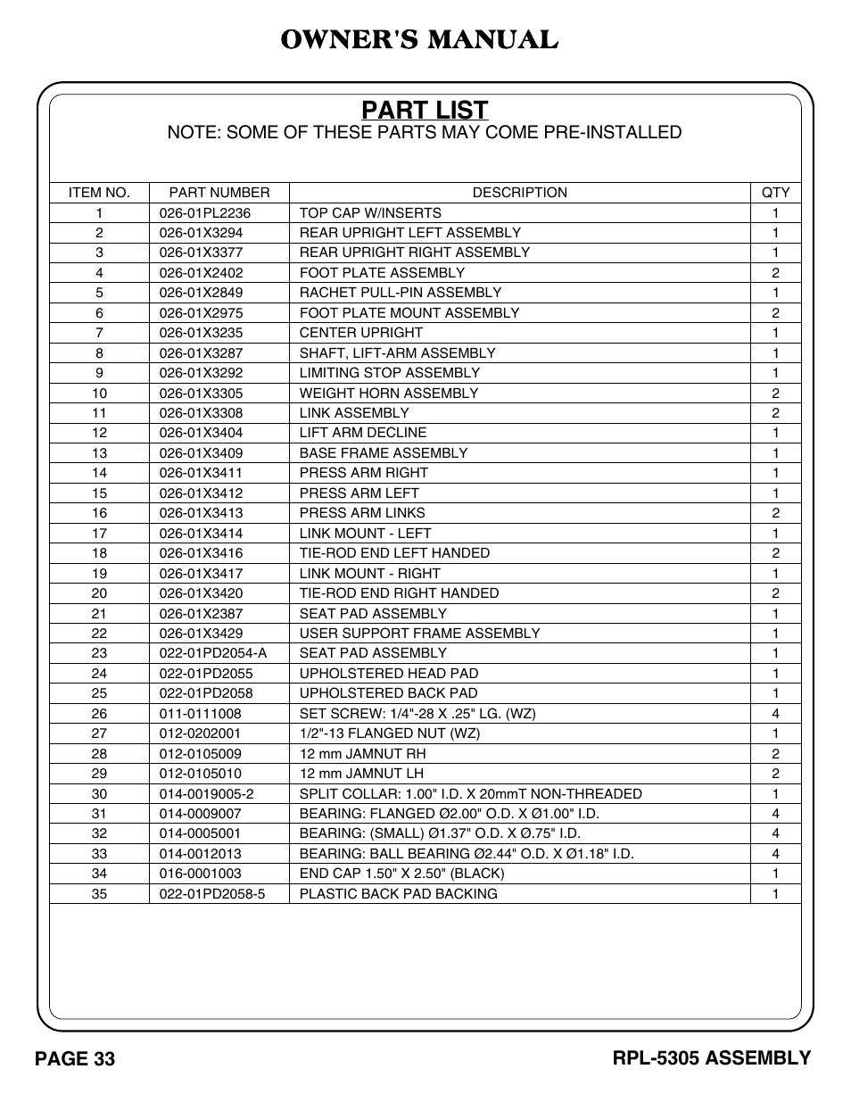 Part list, Owner's manual, Page 33 | Rpl-5305 assembly | Hoist Fitness RPL-5305 User Manual | Page 39 / 51