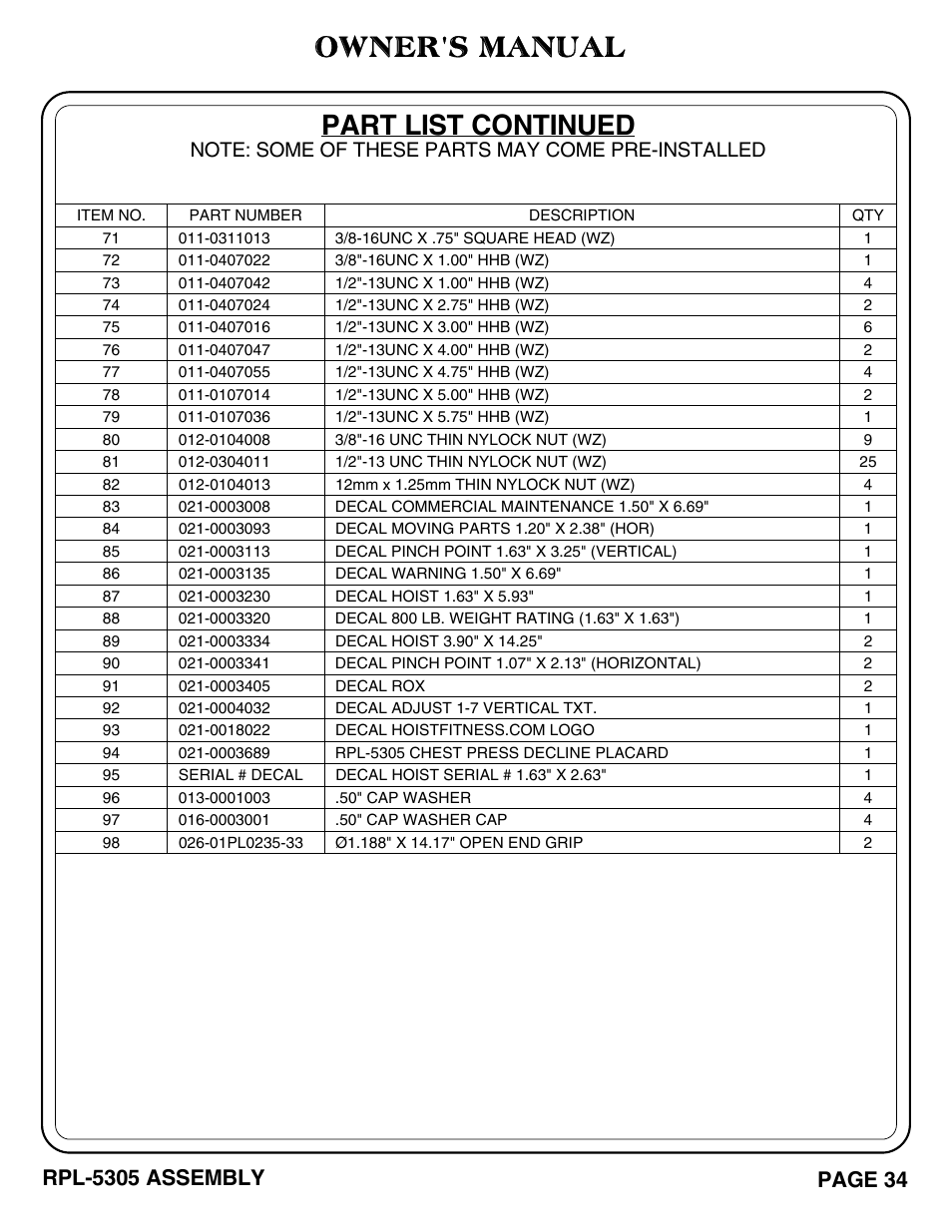 Owner's manual part list continued | Hoist Fitness RPL-5305 User Manual | Page 41 / 51