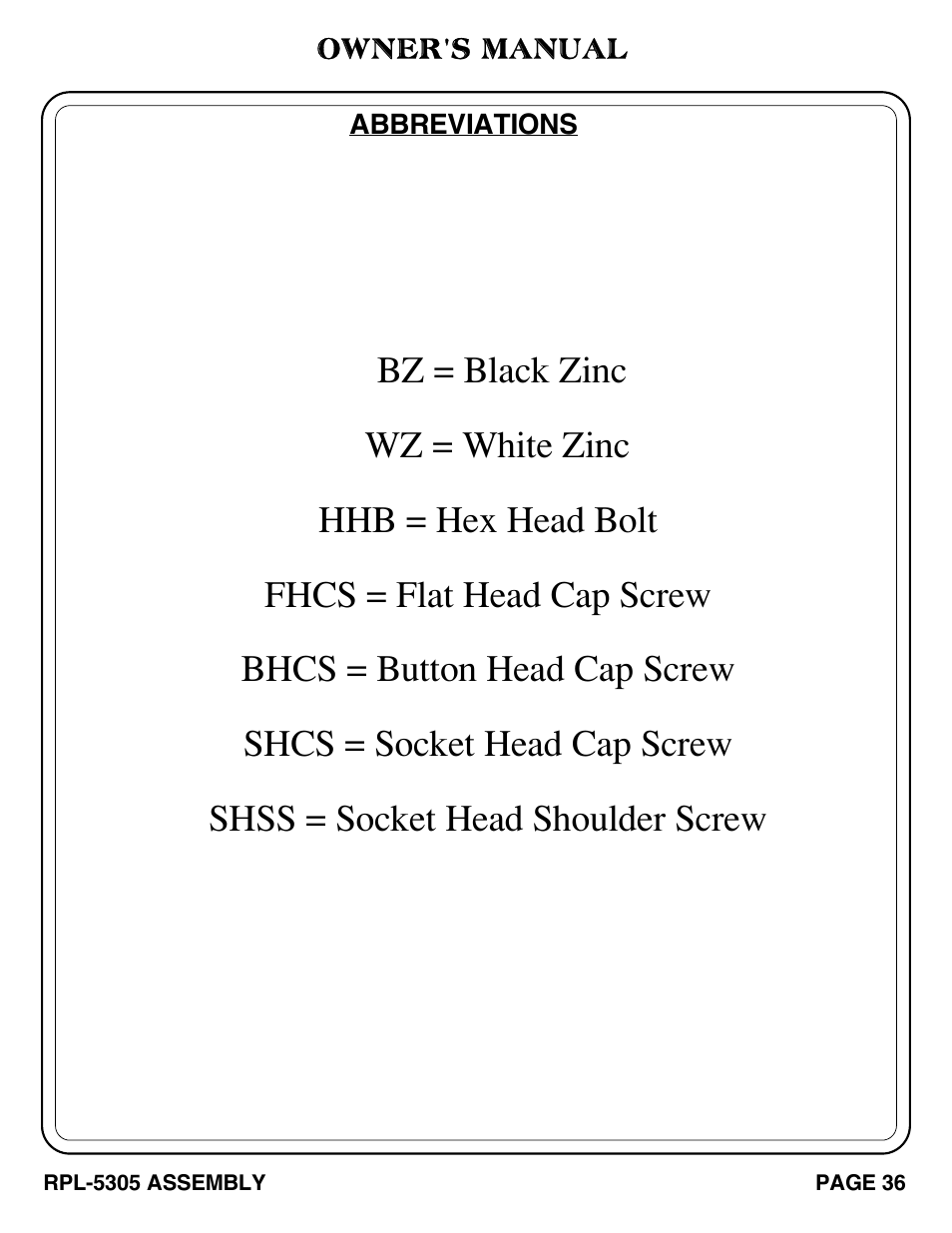 Shcs = socket head cap screw | Hoist Fitness RPL-5305 User Manual | Page 42 / 51