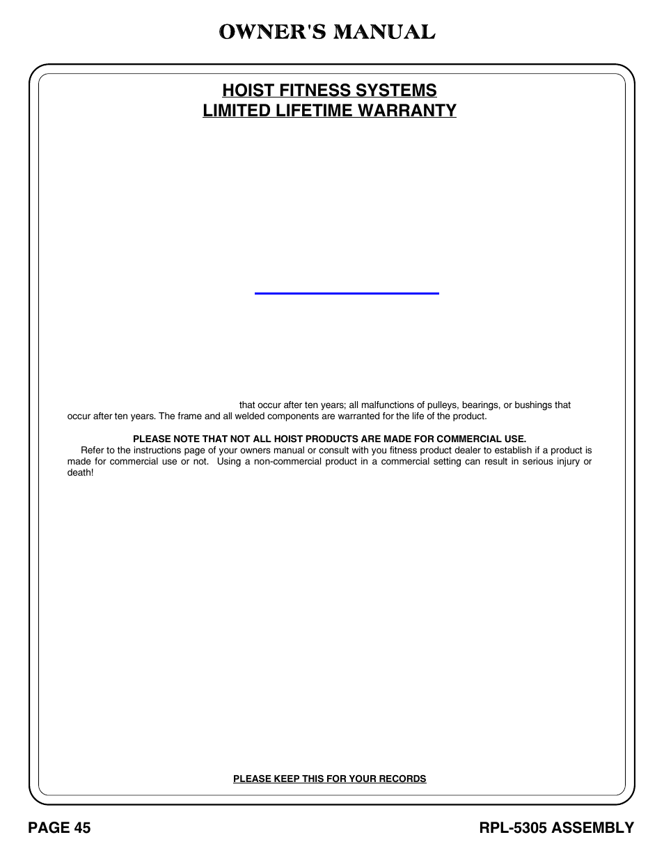 Owner's manual, Hoist fitness systems limited lifetime warranty | Hoist Fitness RPL-5305 User Manual | Page 51 / 51