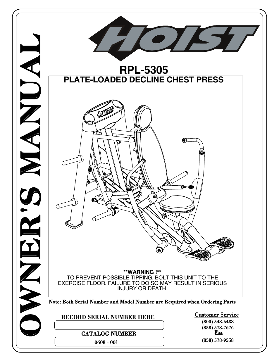 Rpl-5305_pg 00-45 (0608-001), Owner' s ma nua l | Hoist Fitness RPL-5305 User Manual | Page 6 / 51