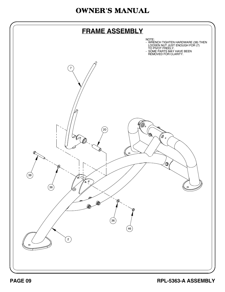 Rpl-5363-a_pg 09-10, Frame assembly, Owner's manual | Page 09, Rpl-5363-a assembly | Hoist Fitness RPL-5363-A User Manual | Page 10 / 32