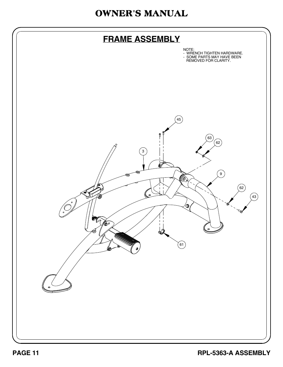 Rpl-5363-a_pg 11-12, Frame assembly owner's manual | Hoist Fitness RPL-5363-A User Manual | Page 12 / 32