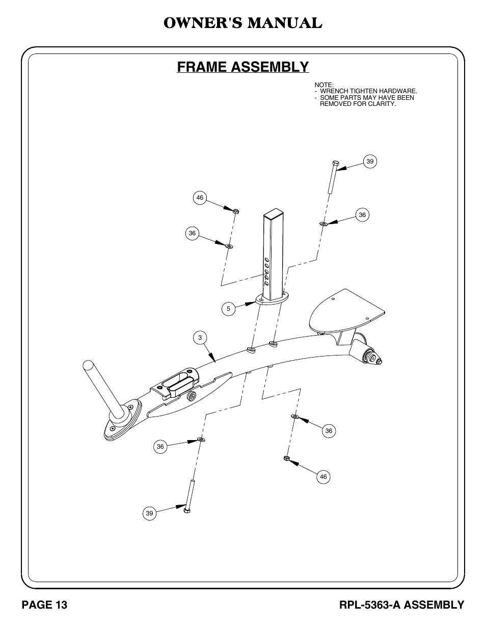 Rpl-5363-a_pg 13-14, Frame assembly, Owner's manual | Page 13, Rpl-5363-a assembly | Hoist Fitness RPL-5363-A User Manual | Page 14 / 32