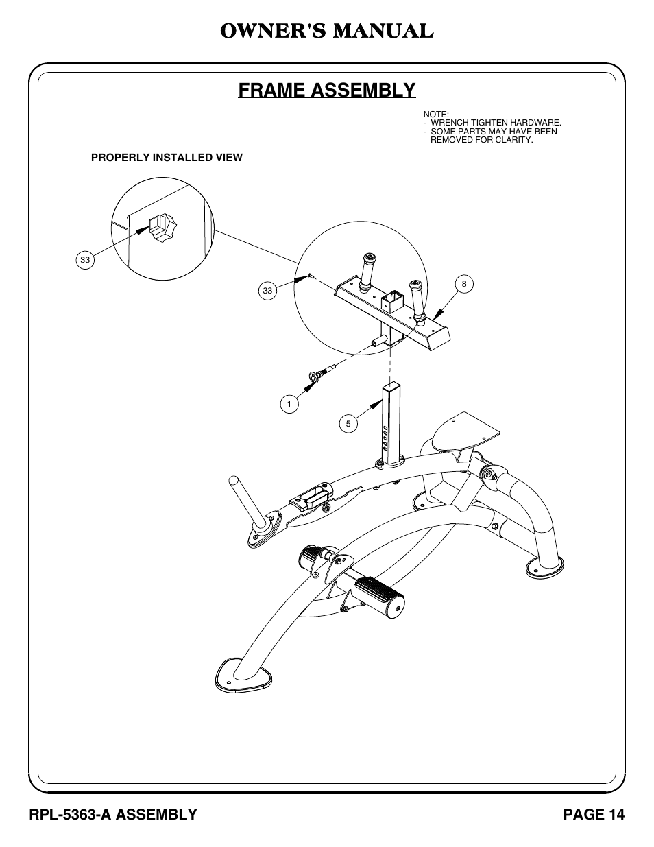 Frame assembly, Owner's manual, Rpl-5363-a assembly | Page 14 | Hoist Fitness RPL-5363-A User Manual | Page 15 / 32