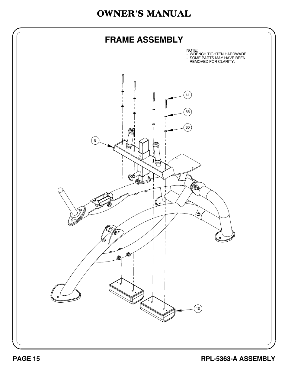 Rpl-5363-a_pg 15-16, Frame assembly, Owner's manual | Page 15, Rpl-5363-a assembly | Hoist Fitness RPL-5363-A User Manual | Page 16 / 32