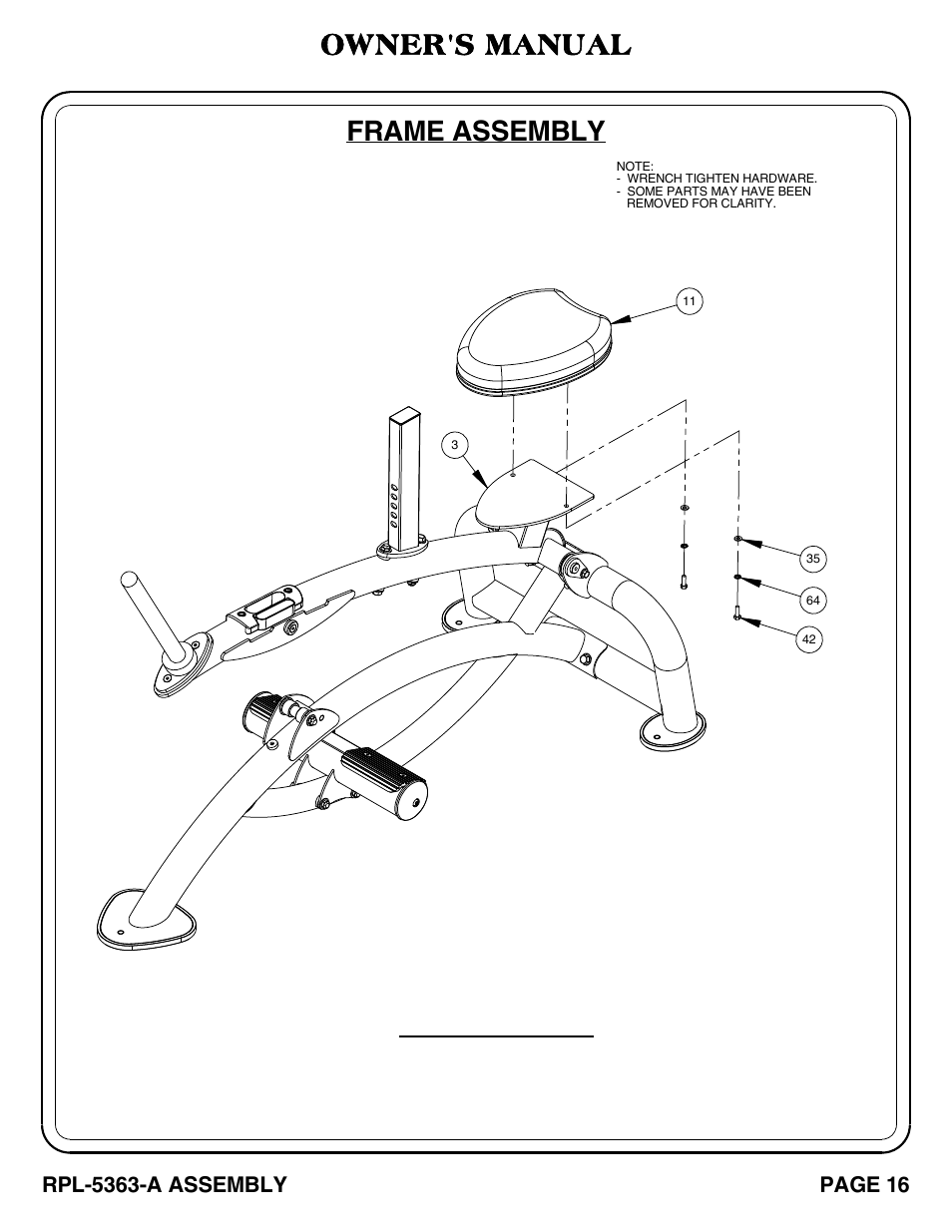 Important, Frame assembly, Owner's manual | Hoist Fitness RPL-5363-A User Manual | Page 17 / 32