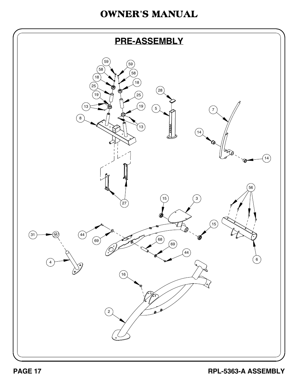 Rpl-5363-a_pg 17-18, Pre-assembly, Owner's manual | Page 17, Rpl-5363-a assembly | Hoist Fitness RPL-5363-A User Manual | Page 18 / 32
