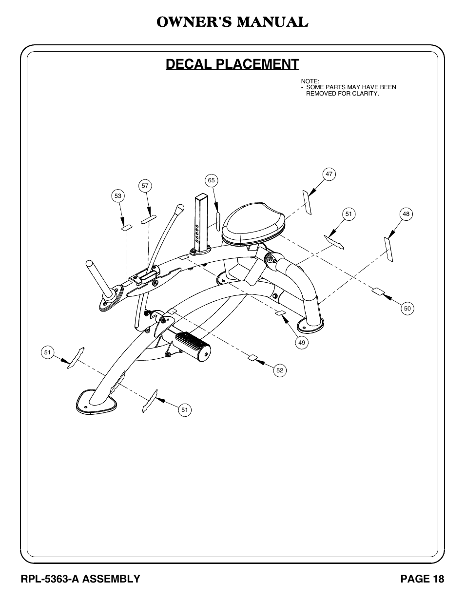 Decal placement, Owner's manual, Rpl-5363-a assembly | Page 18 | Hoist Fitness RPL-5363-A User Manual | Page 19 / 32