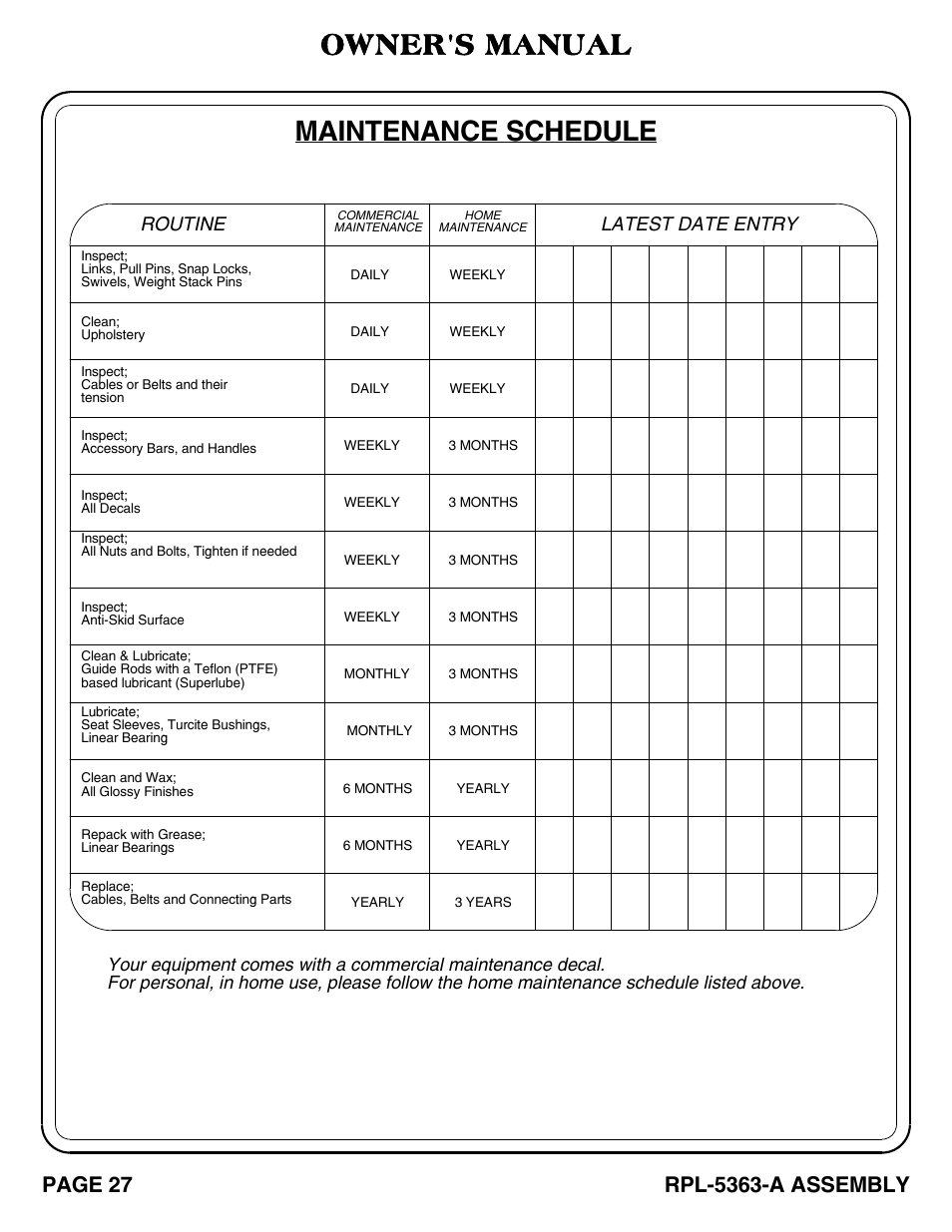 Maintenance schedule, Owner's manual, Routine | Latest date entry | Hoist Fitness RPL-5363-A User Manual | Page 28 / 32