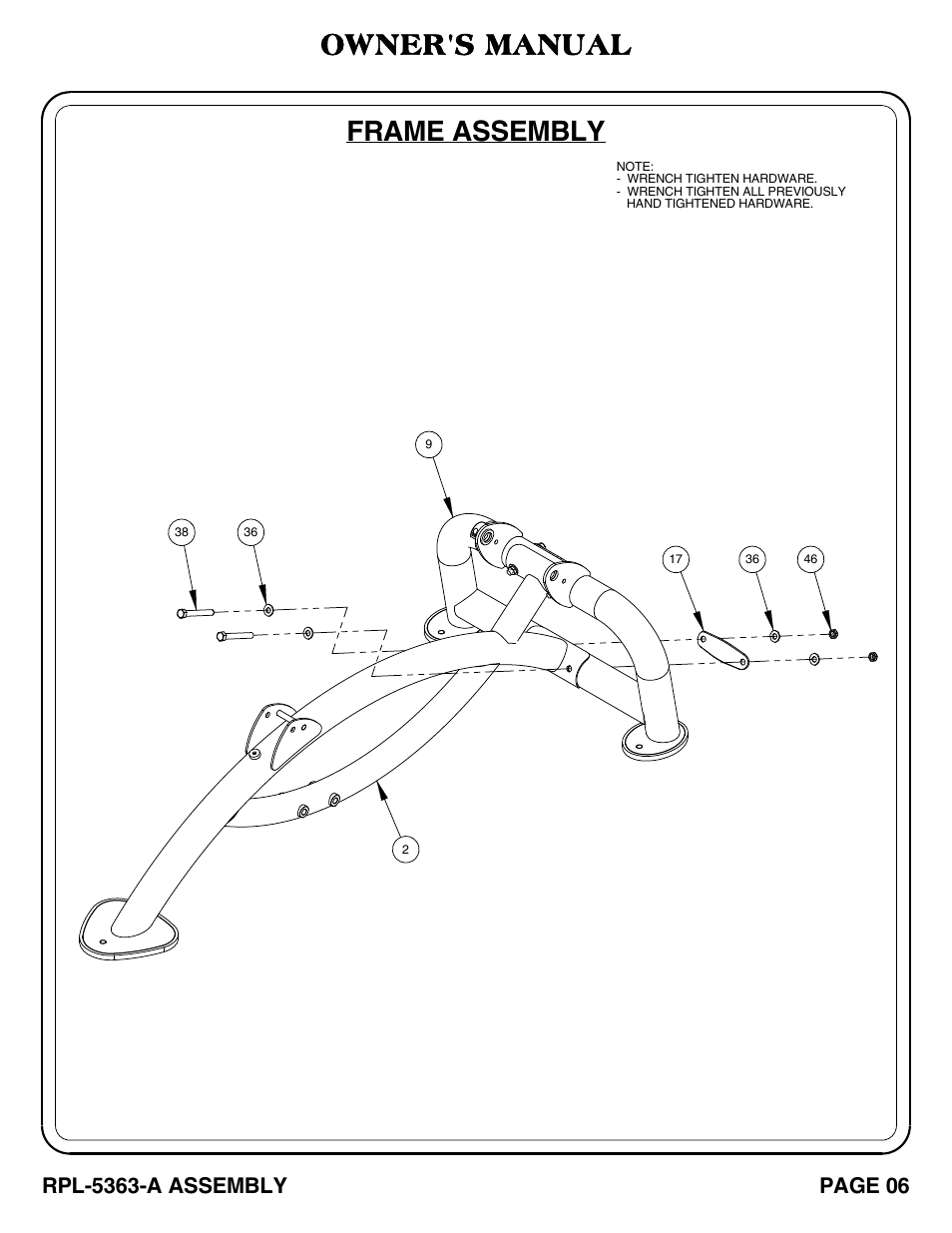 Frame assembly, Owner's manual, Rpl-5363-a assembly | Page 06 | Hoist Fitness RPL-5363-A User Manual | Page 7 / 32