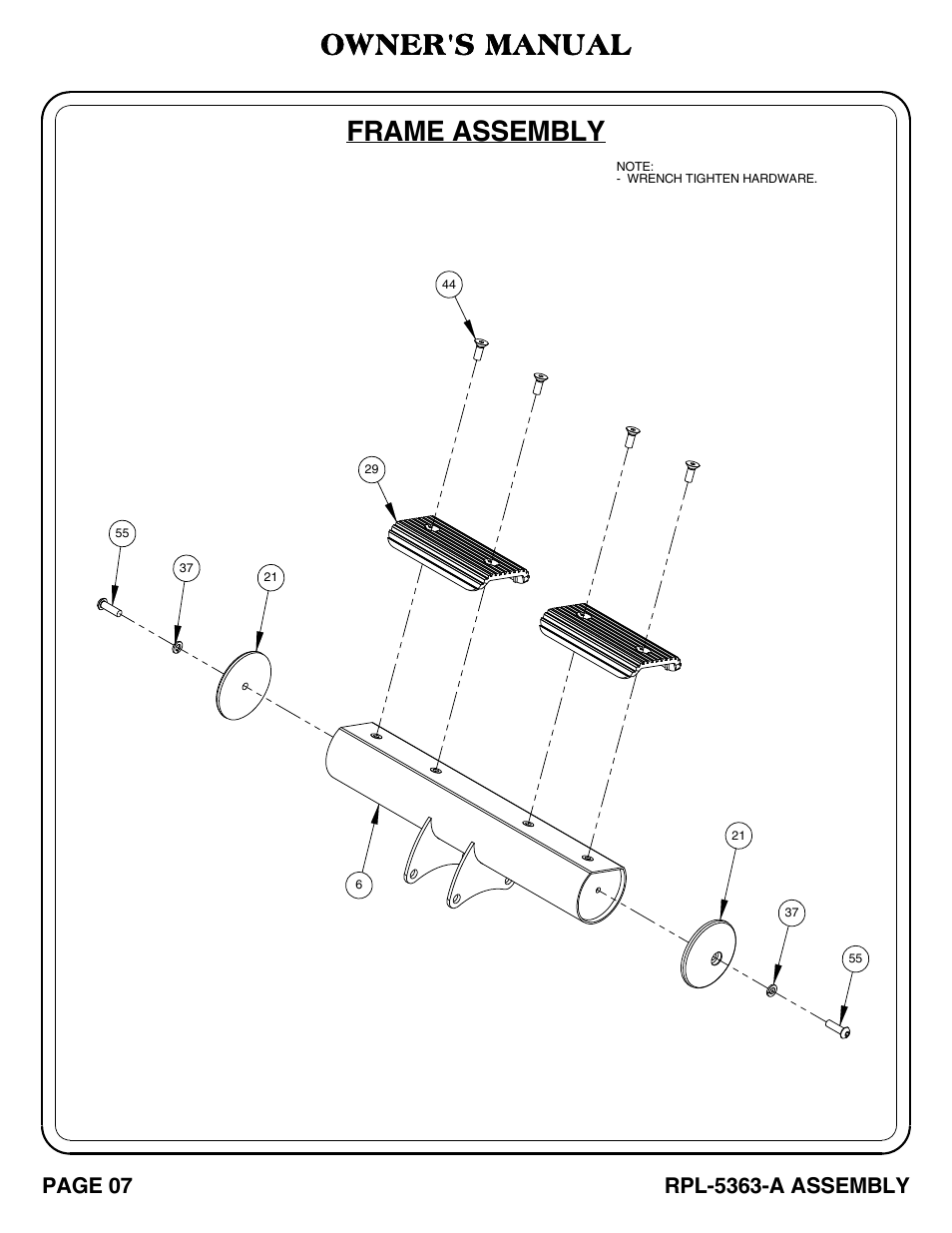 Rpl-5363-a_pg 07-08, Frame assembly, Owner's manual | Page 07, Rpl-5363-a assembly | Hoist Fitness RPL-5363-A User Manual | Page 8 / 32