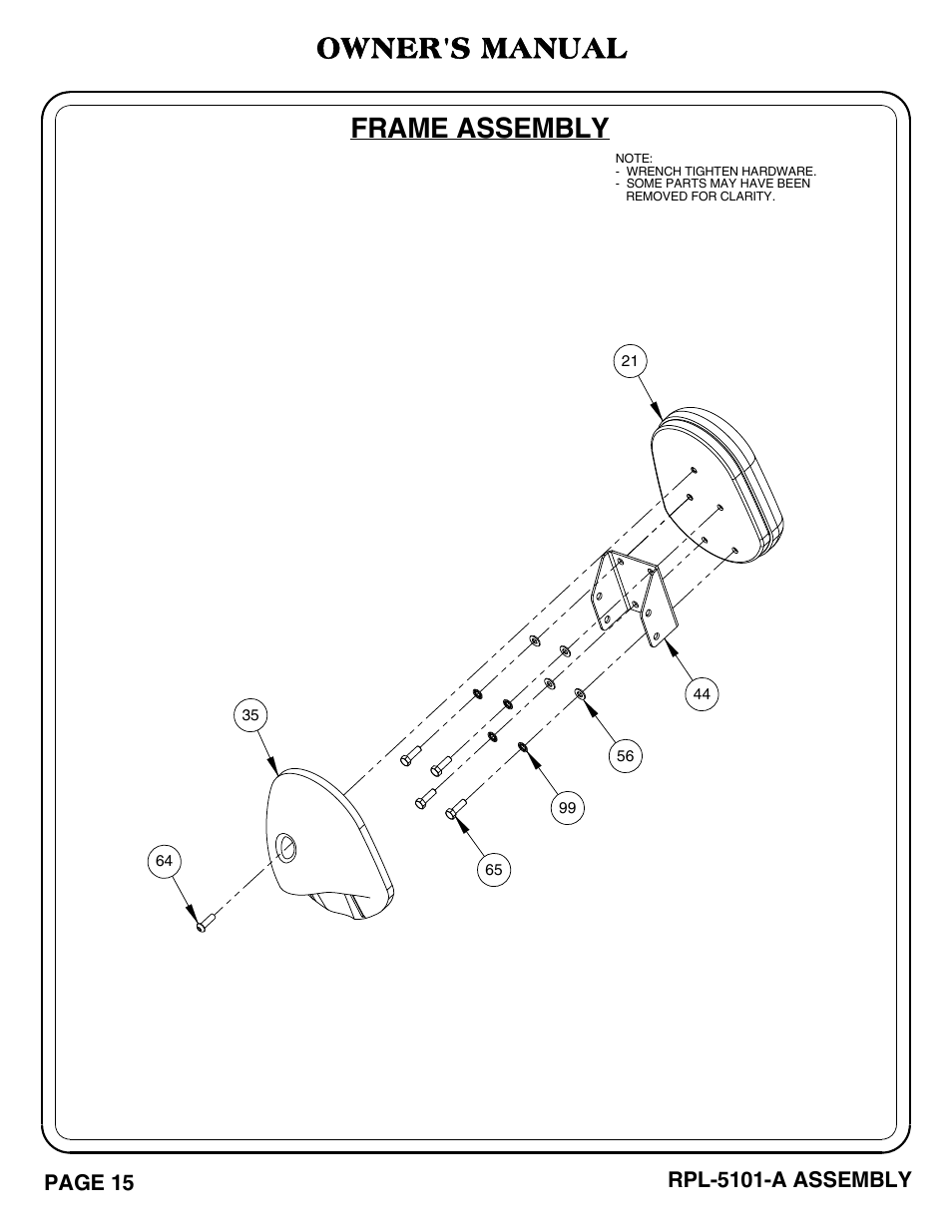 Frame assembly, Owner's manual, Page 15 | Rpl-5101-a assembly | Hoist Fitness RPL-5101-A User Manual | Page 16 / 38