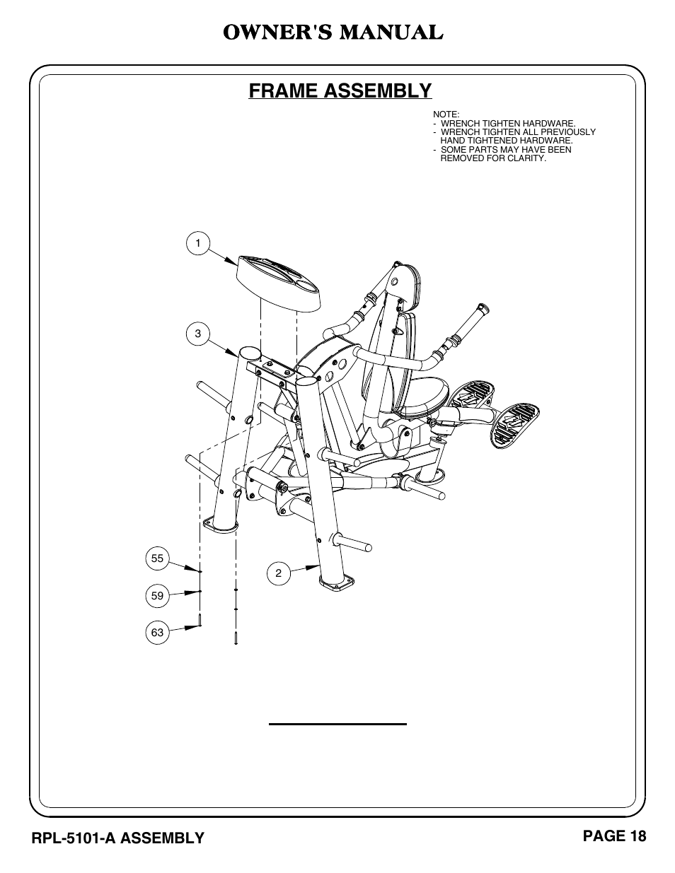 Important, Frame assembly, Owner's manual | Hoist Fitness RPL-5101-A User Manual | Page 19 / 38