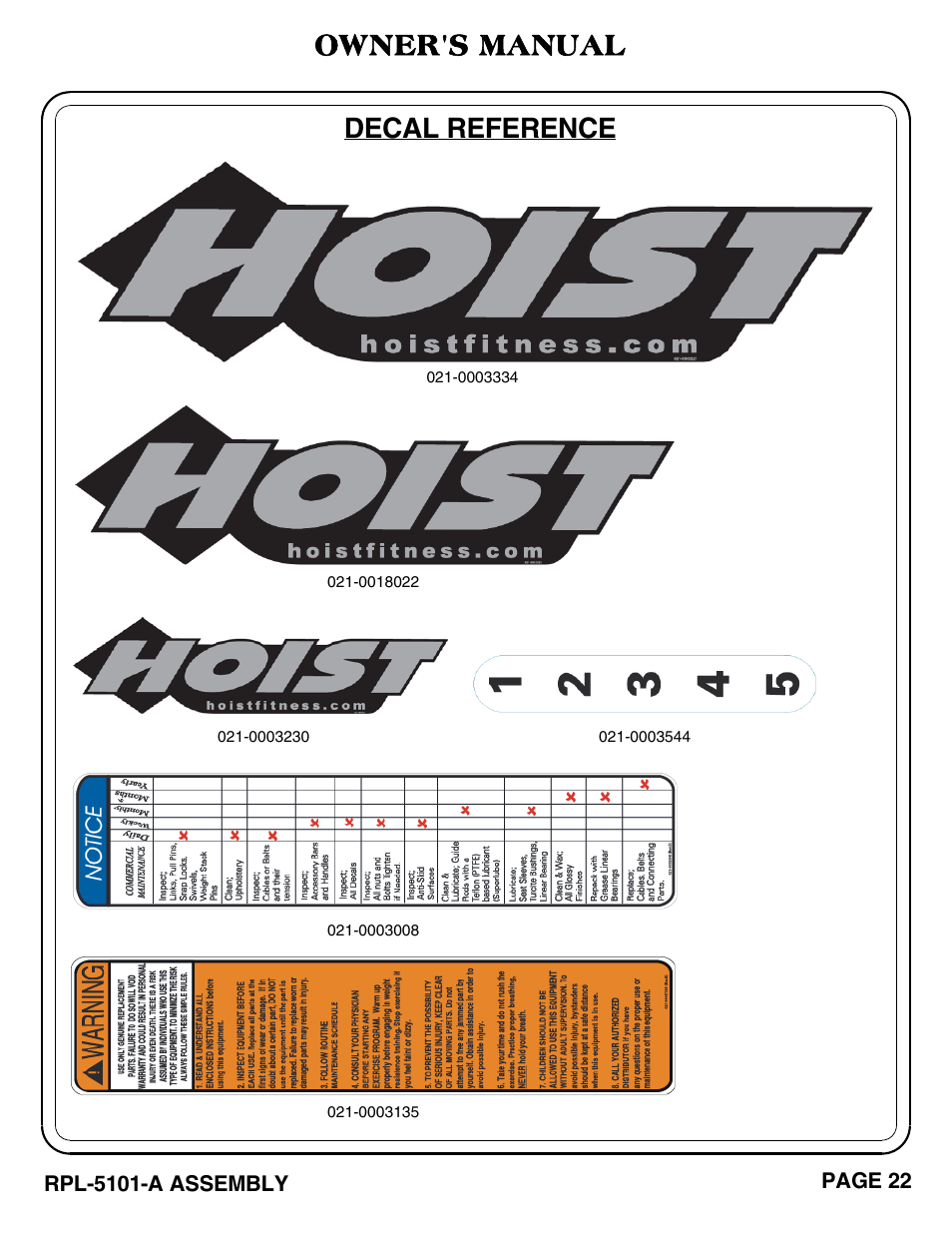 Decal reference owner's manual | Hoist Fitness RPL-5101-A User Manual | Page 23 / 38