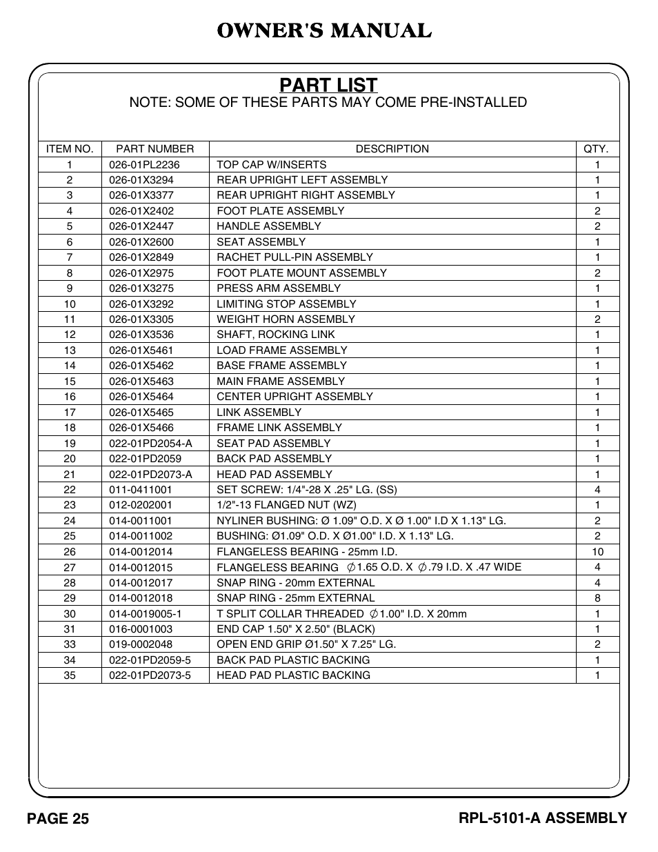 Part list, Owner's manual, Page 25 | Rpl-5101-a assembly | Hoist Fitness RPL-5101-A User Manual | Page 26 / 38