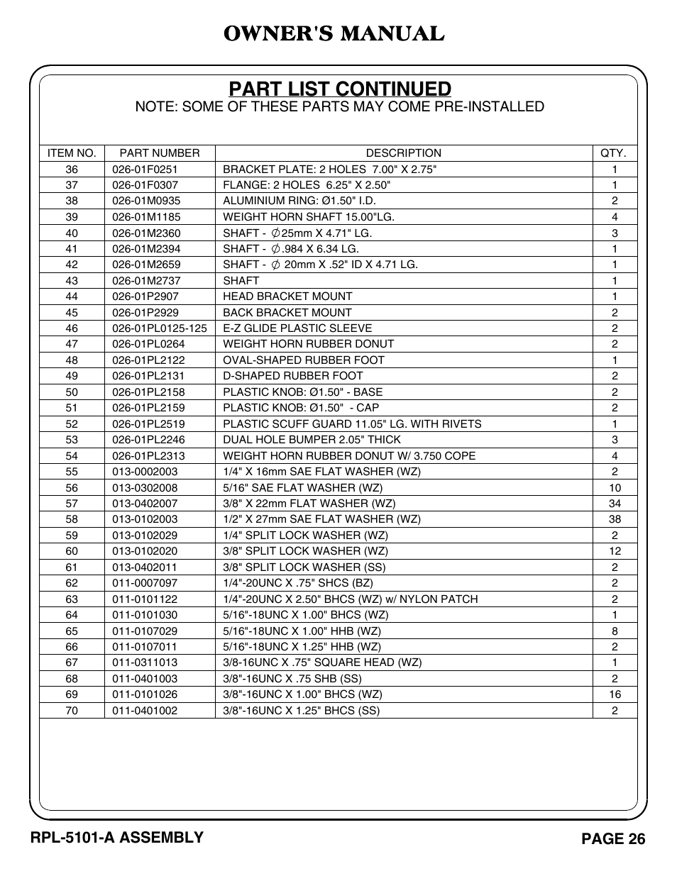 Part list continued, Owner's manual, Page 26 | Rpl-5101-a assembly | Hoist Fitness RPL-5101-A User Manual | Page 27 / 38