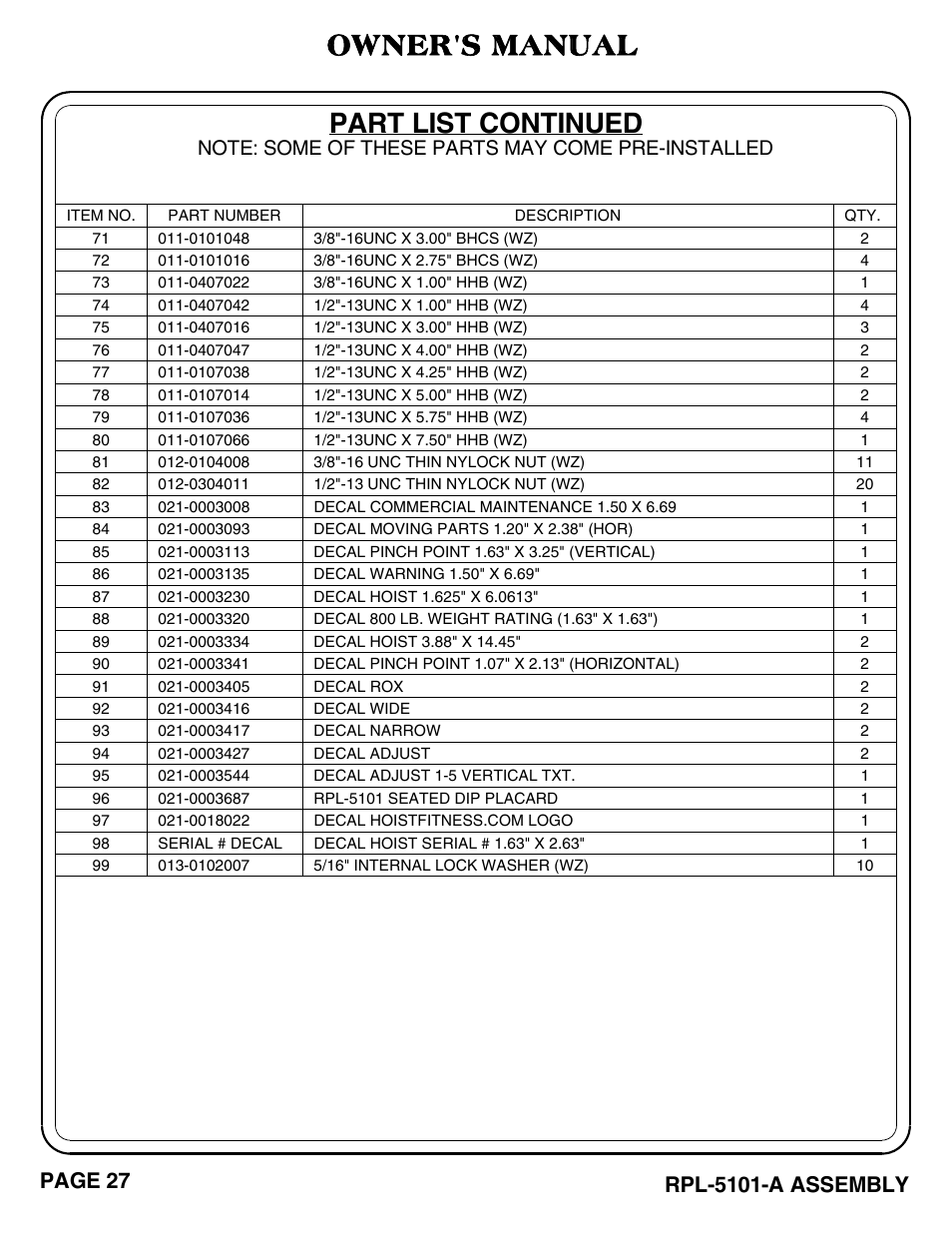 Part list continued, Owner's manual, Page 27 | Rpl-5101-a assembly | Hoist Fitness RPL-5101-A User Manual | Page 28 / 38