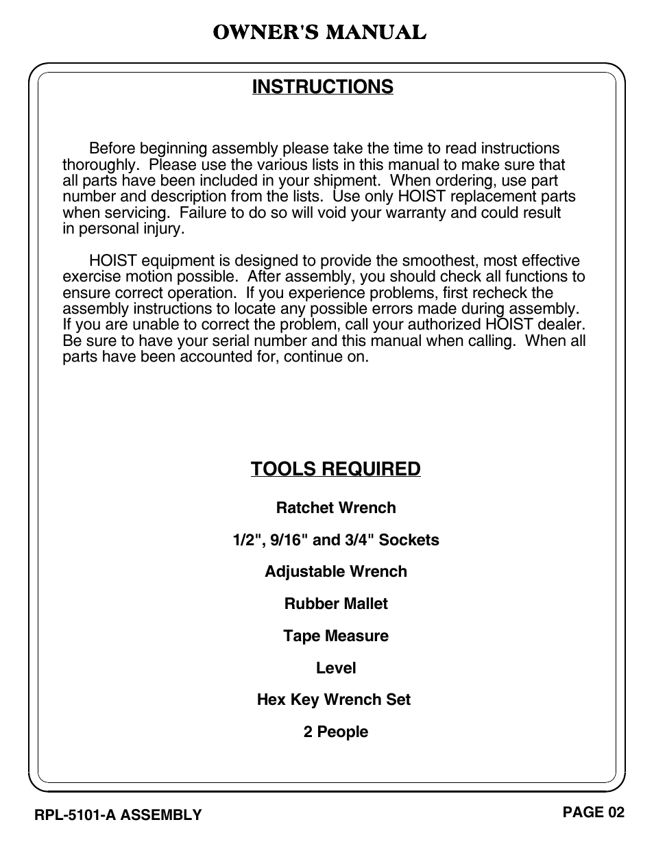 Owner's manual, Tools required, Instructions | Hoist Fitness RPL-5101-A User Manual | Page 3 / 38