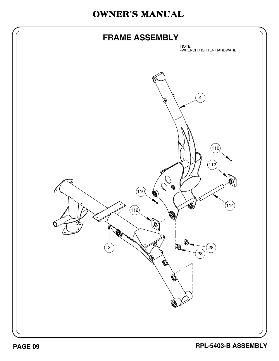 Frame assembly, Owner's manual, Rpl-5403-b assembly | Page 09 | Hoist Fitness RPL-5403-B User Manual | Page 10 / 42