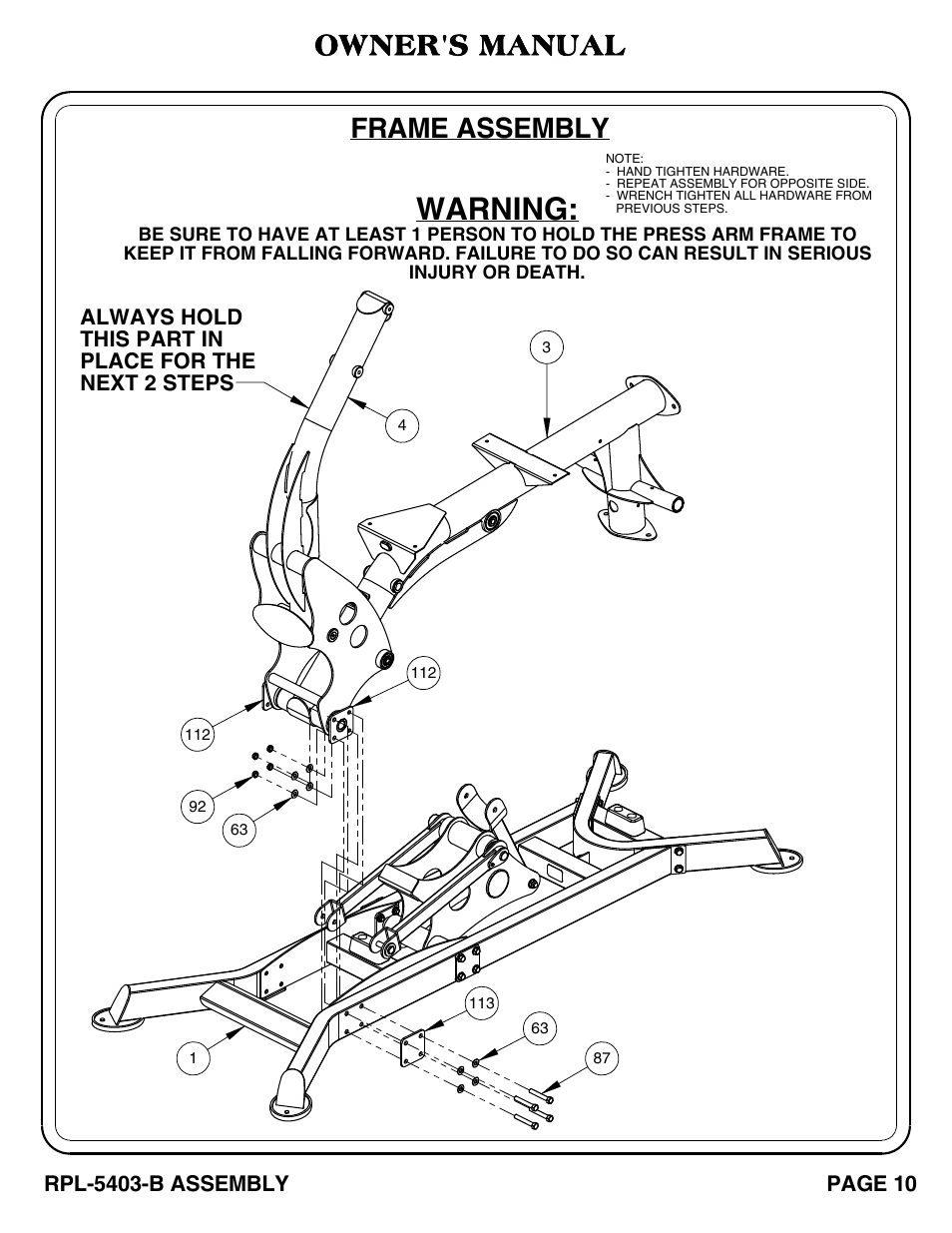 Warning, Frame assembly, Owner's manual | Hoist Fitness RPL-5403-B User Manual | Page 11 / 42