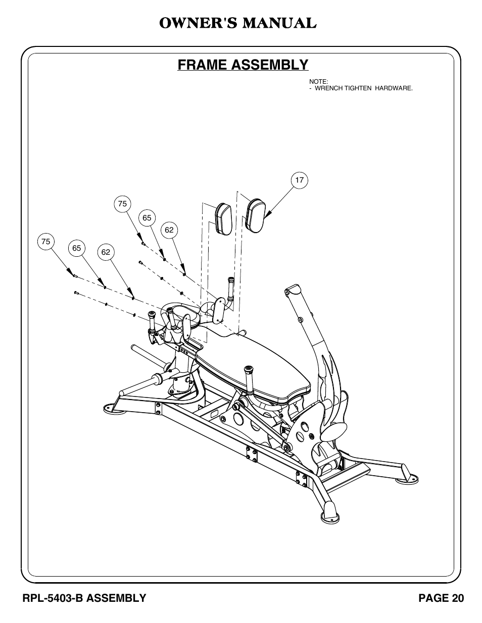 Frame assembly, Owner's manual, Rpl-5403-b assembly | Page 20 | Hoist Fitness RPL-5403-B User Manual | Page 21 / 42