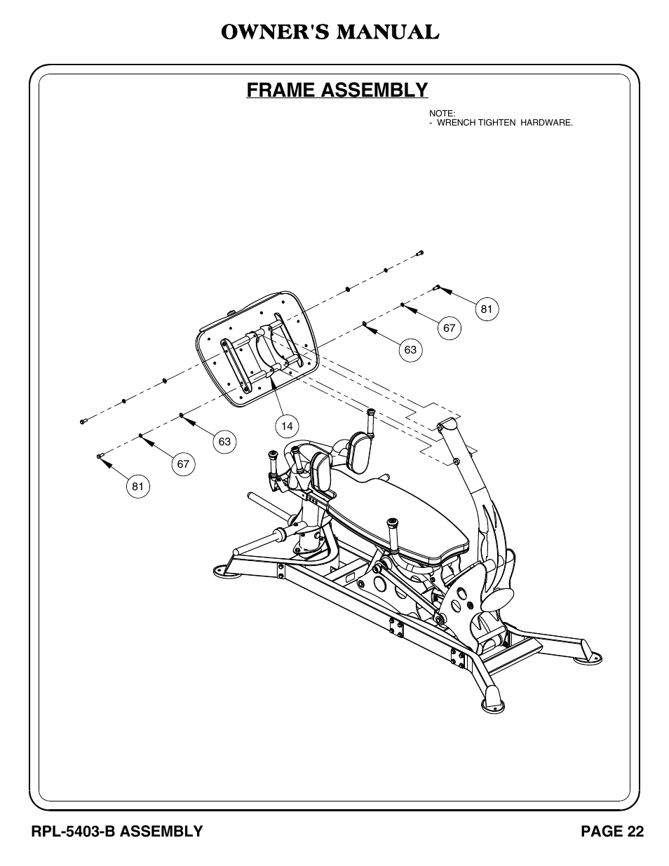 Frame assembly, Owner's manual, Rpl-5403-b assembly | Page 22 | Hoist Fitness RPL-5403-B User Manual | Page 23 / 42