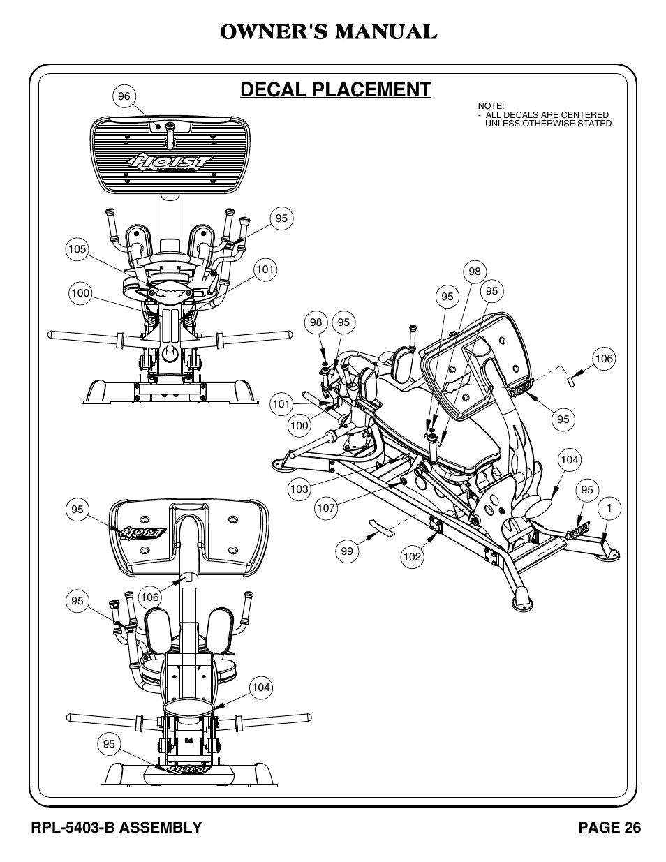 Decal placement, Owner's manual, Rpl-5403-b assembly | Page 26 | Hoist Fitness RPL-5403-B User Manual | Page 27 / 42