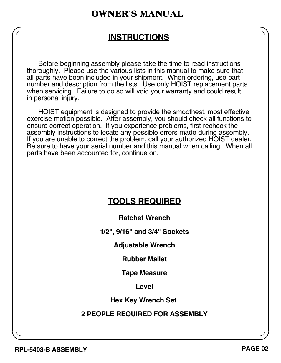 Owner's manual, Tools required, Instructions | Hoist Fitness RPL-5403-B User Manual | Page 3 / 42