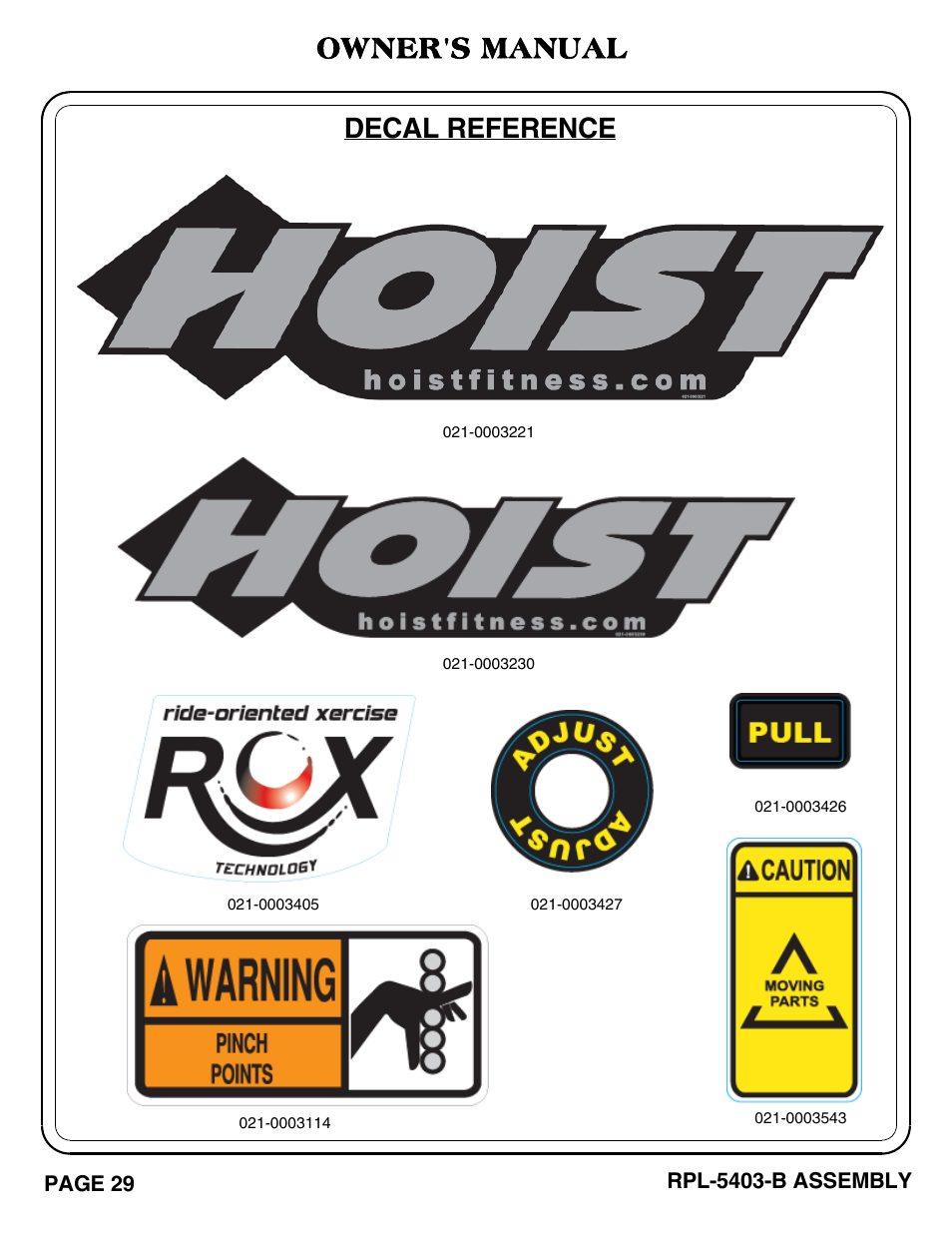Decal reference, Owner's manual | Hoist Fitness RPL-5403-B User Manual | Page 30 / 42