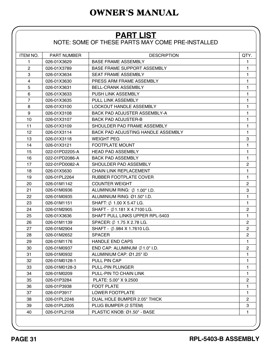Part list, Owner's manual | Hoist Fitness RPL-5403-B User Manual | Page 32 / 42