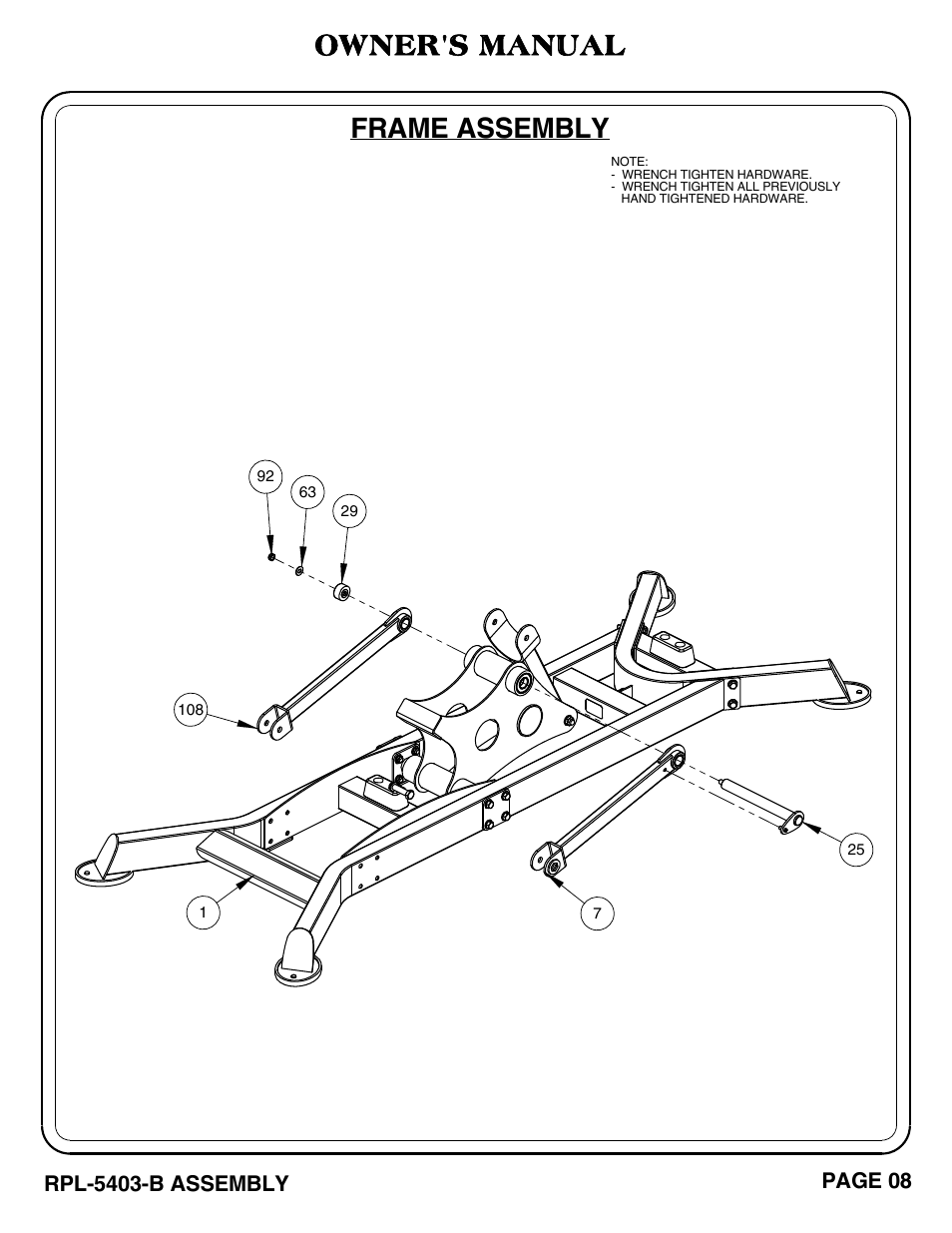 Frame assembly, Owner's manual | Hoist Fitness RPL-5403-B User Manual | Page 9 / 42