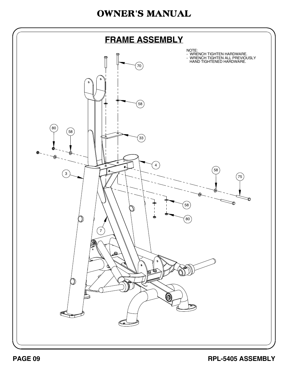 Frame assembly, Owner's manual, Page 09 | Rpl-5405 assembly | Hoist Fitness RPL-5405 User Manual | Page 10 / 40