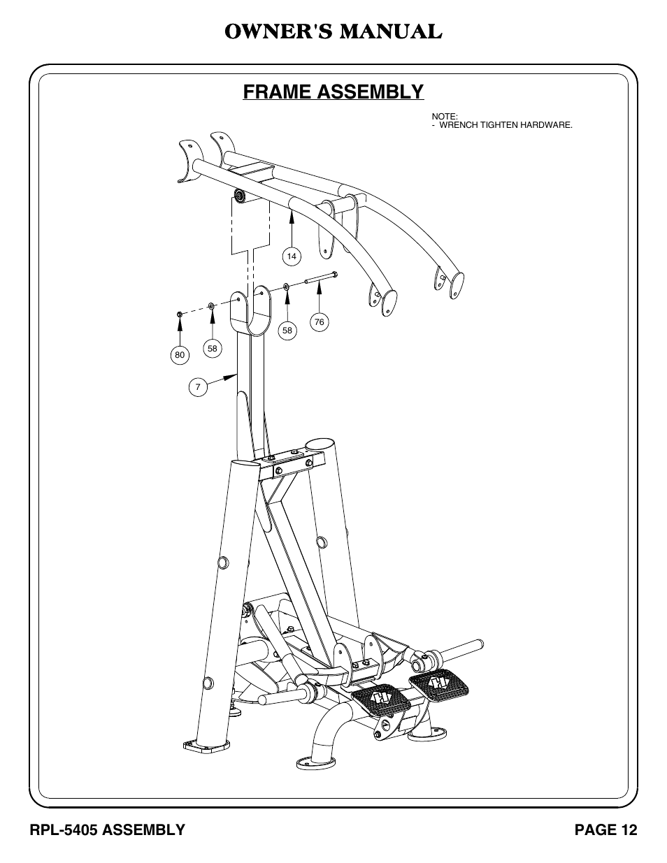 Frame assembly, Owner's manual, Rpl-5405 assembly | Page 12 | Hoist Fitness RPL-5405 User Manual | Page 13 / 40