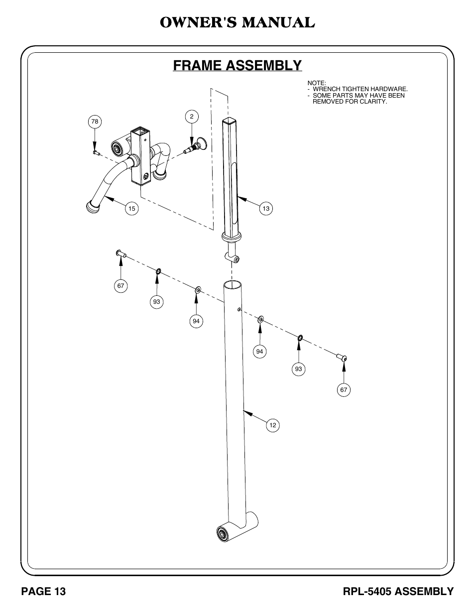 Frame assembly, Owner's manual | Hoist Fitness RPL-5405 User Manual | Page 14 / 40