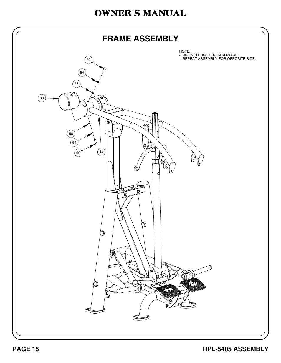 Frame assembly, Owner's manual, Page 15 | Rpl-5405 assembly | Hoist Fitness RPL-5405 User Manual | Page 16 / 40