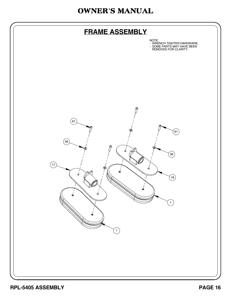 Frame assembly, Owner's manual, Rpl-5405 assembly | Page 16 | Hoist Fitness RPL-5405 User Manual | Page 17 / 40