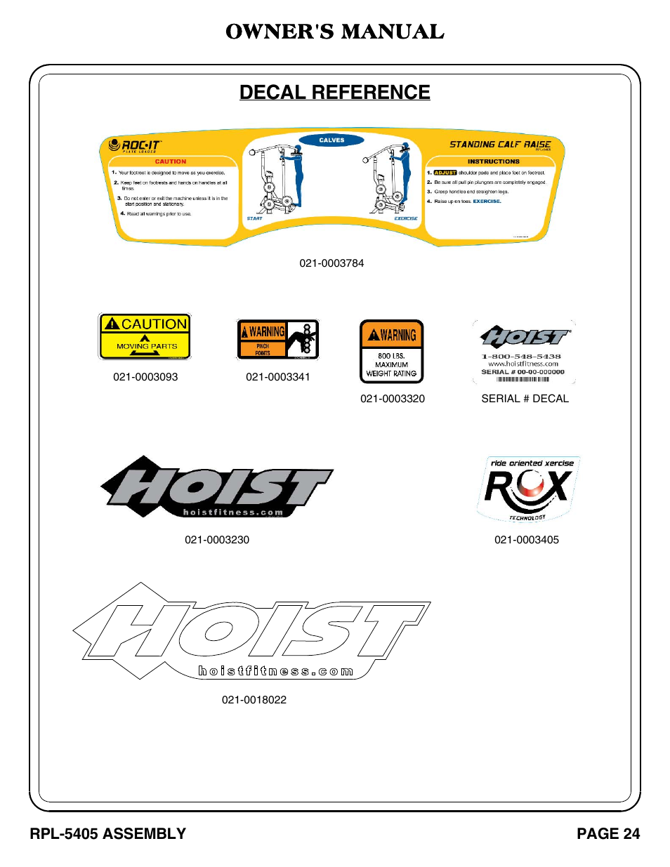 Decal reference owner's manual | Hoist Fitness RPL-5405 User Manual | Page 25 / 40