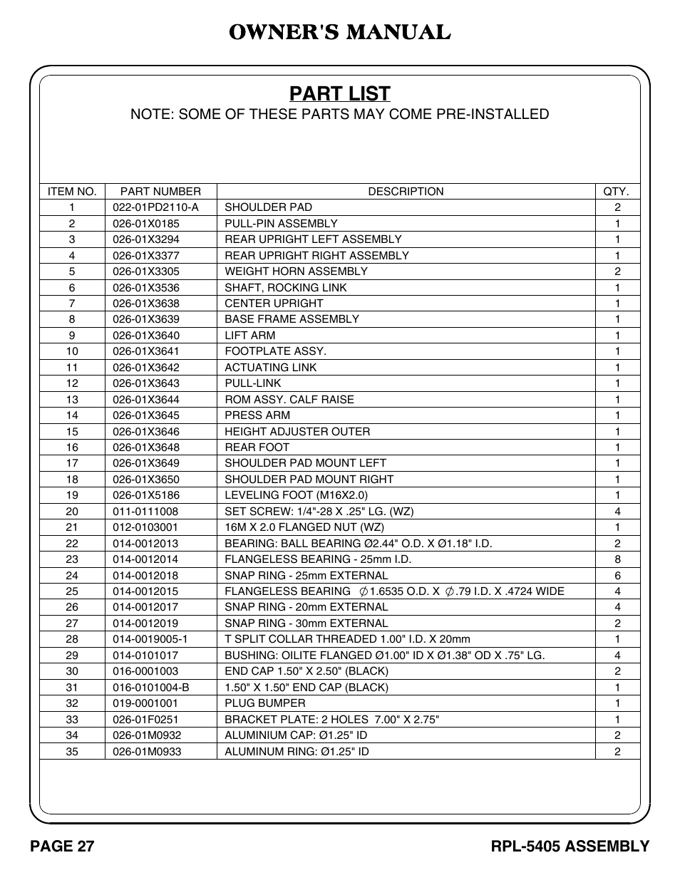 Part list, Owner's manual, Rpl-5405 assembly | Page 27 | Hoist Fitness RPL-5405 User Manual | Page 28 / 40