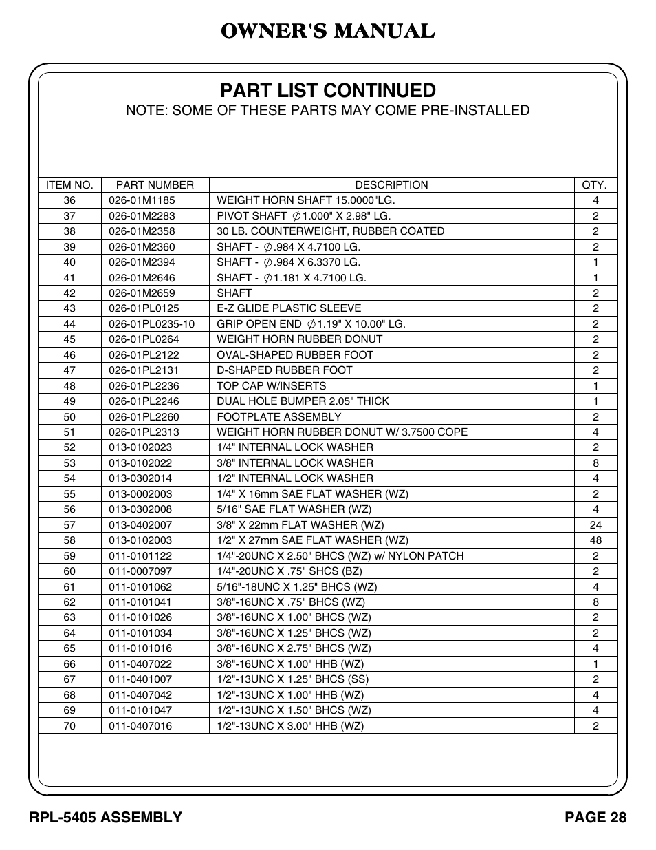 Part list continued, Owner's manual, Rpl-5405 assembly | Page 28 | Hoist Fitness RPL-5405 User Manual | Page 29 / 40