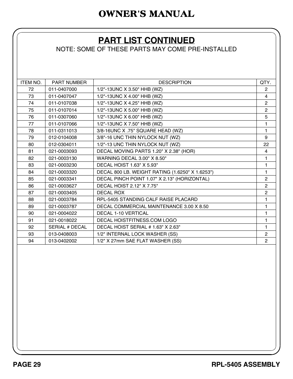 Part list continued, Owner's manual, Rpl-5405 assembly | Page 29 | Hoist Fitness RPL-5405 User Manual | Page 30 / 40