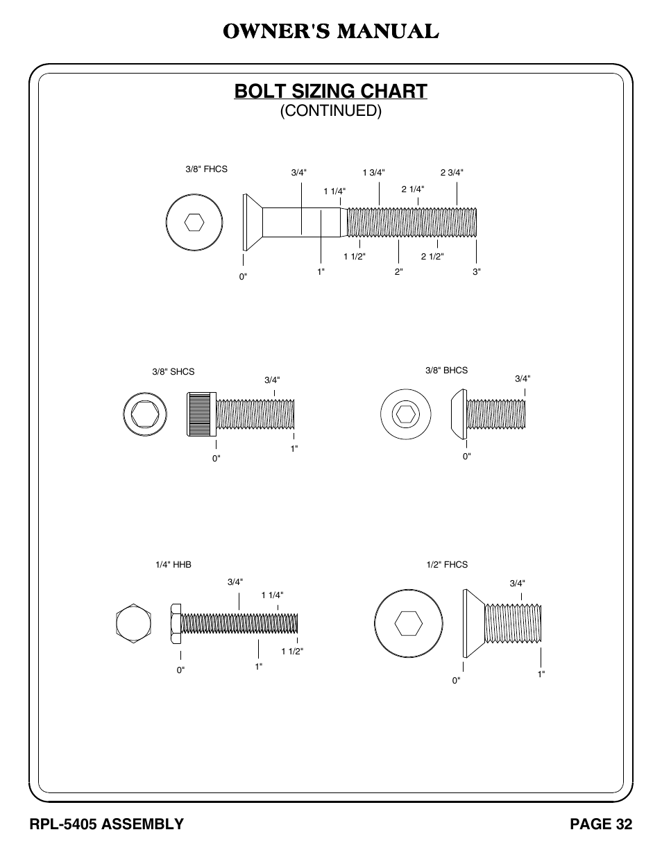 Bolt sizing chart, Owner's manual, Continued) | Page 32, Rpl-5405 assembly | Hoist Fitness RPL-5405 User Manual | Page 33 / 40