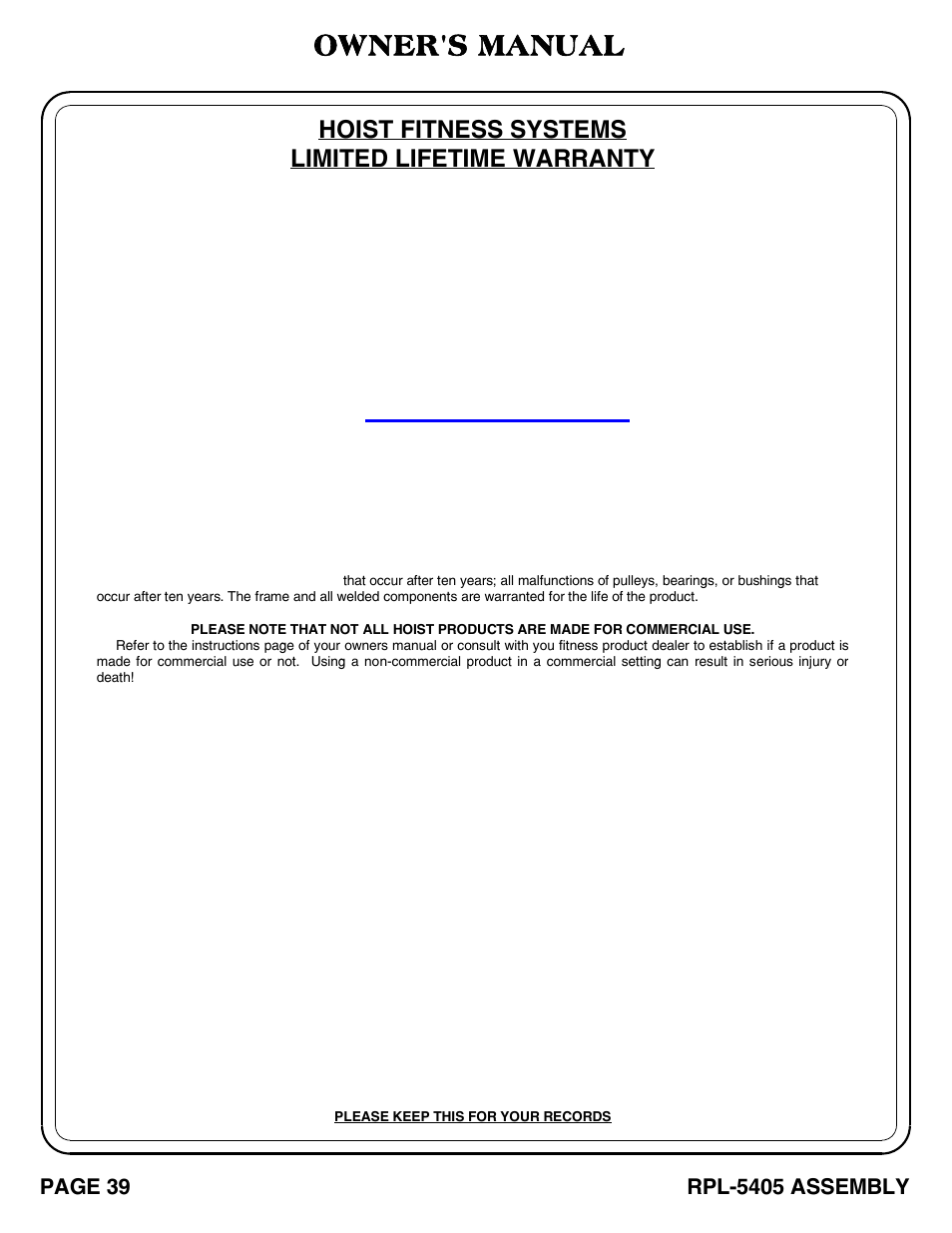 Owner's manual, Hoist fitness systems limited lifetime warranty | Hoist Fitness RPL-5405 User Manual | Page 40 / 40